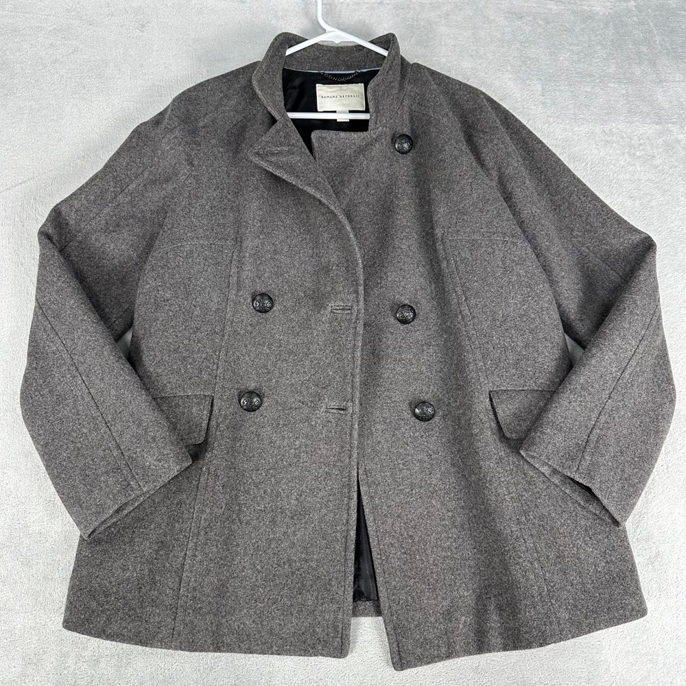 Banana Republic Pea Coat Womens L Gray Double Breasted Funnel Neck Crest Button